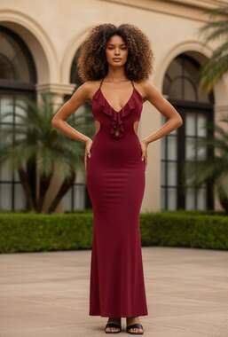 Luvalot Kiara Burgundy Ruffled Halter Cut-Out Maxi Dress